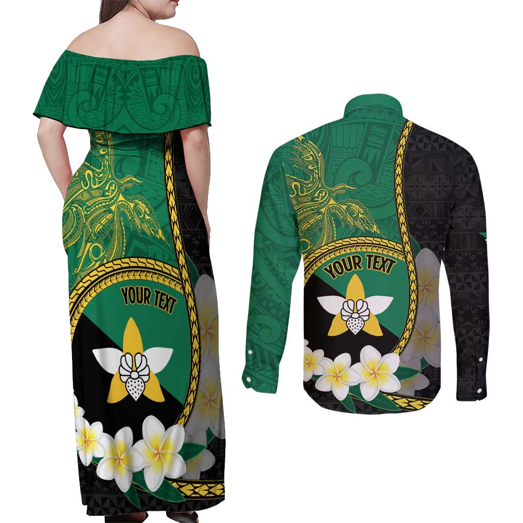 Personalised PNG Enga Provins Couples Matching Off Shoulder Maxi Dress and Long Sleeve Button Shirt Papua New Guinea Plumeria Melanesian Pattern LT14 - Polynesian Pride