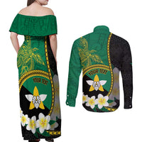 Personalised PNG Enga Provins Couples Matching Off Shoulder Maxi Dress and Long Sleeve Button Shirt Papua New Guinea Plumeria Melanesian Pattern LT14 - Polynesian Pride