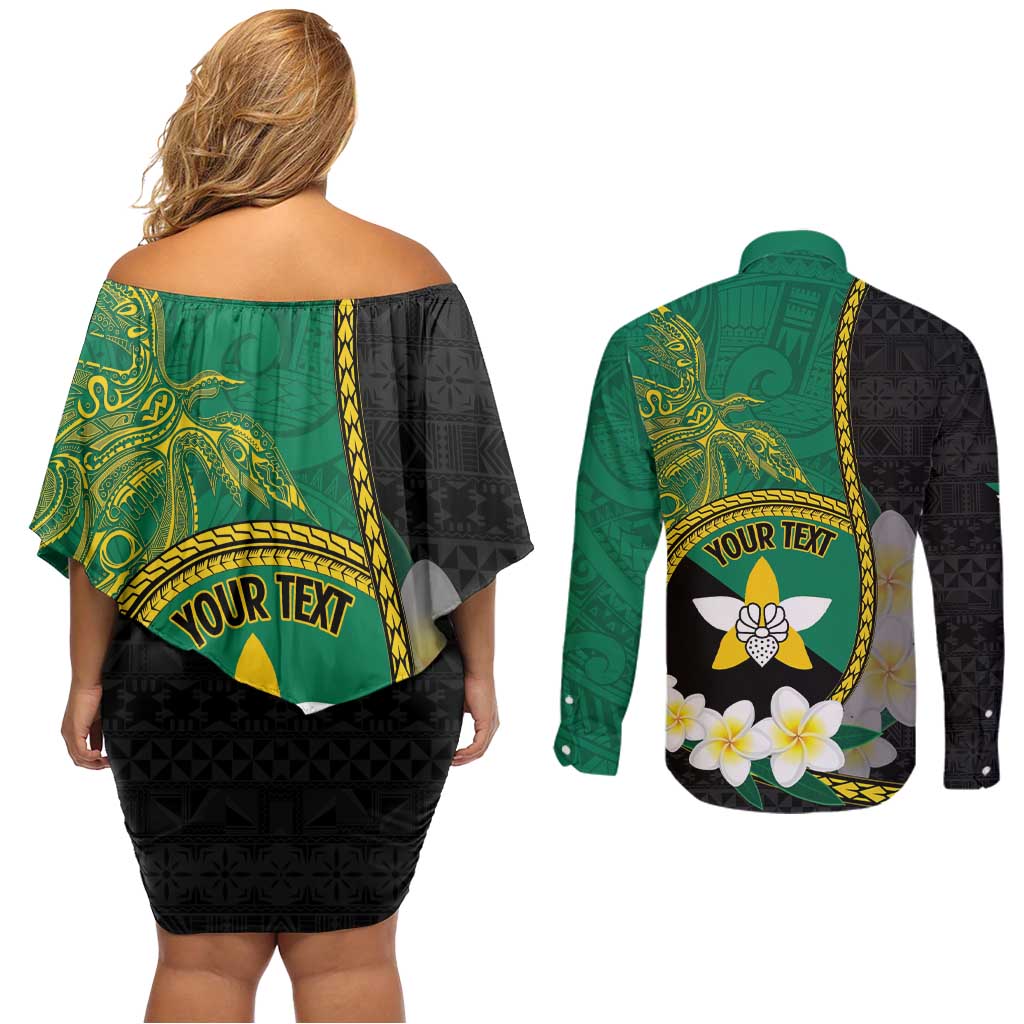 Personalised PNG Enga Provins Couples Matching Off Shoulder Short Dress and Long Sleeve Button Shirt Papua New Guinea Plumeria Melanesian Pattern LT14 - Polynesian Pride