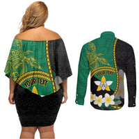 Personalised PNG Enga Provins Couples Matching Off Shoulder Short Dress and Long Sleeve Button Shirt Papua New Guinea Plumeria Melanesian Pattern LT14 - Polynesian Pride