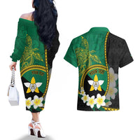 Personalised PNG Enga Provins Couples Matching Off The Shoulder Long Sleeve Dress and Hawaiian Shirt Papua New Guinea Plumeria Melanesian Pattern LT14 - Polynesian Pride