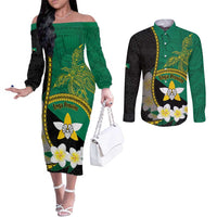 Personalised PNG Enga Provins Couples Matching Off The Shoulder Long Sleeve Dress and Long Sleeve Button Shirt Papua New Guinea Plumeria Melanesian Pattern LT14 Black - Polynesian Pride