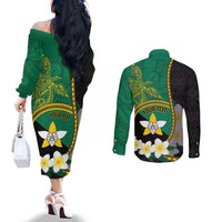 Personalised PNG Enga Provins Couples Matching Off The Shoulder Long Sleeve Dress and Long Sleeve Button Shirt Papua New Guinea Plumeria Melanesian Pattern LT14 - Polynesian Pride