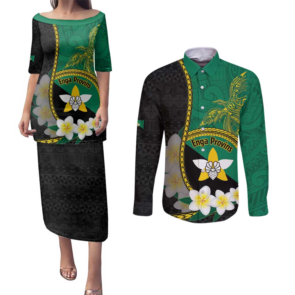 Personalised PNG Enga Provins Couples Matching Puletasi and Long Sleeve Button Shirt Papua New Guinea Plumeria Melanesian Pattern LT14 Black - Polynesian Pride