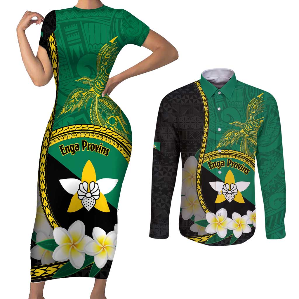 Personalised PNG Enga Provins Couples Matching Short Sleeve Bodycon Dress and Long Sleeve Button Shirt Papua New Guinea Plumeria Melanesian Pattern LT14 Black - Polynesian Pride