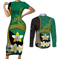 Personalised PNG Enga Provins Couples Matching Short Sleeve Bodycon Dress and Long Sleeve Button Shirt Papua New Guinea Plumeria Melanesian Pattern LT14 Black - Polynesian Pride