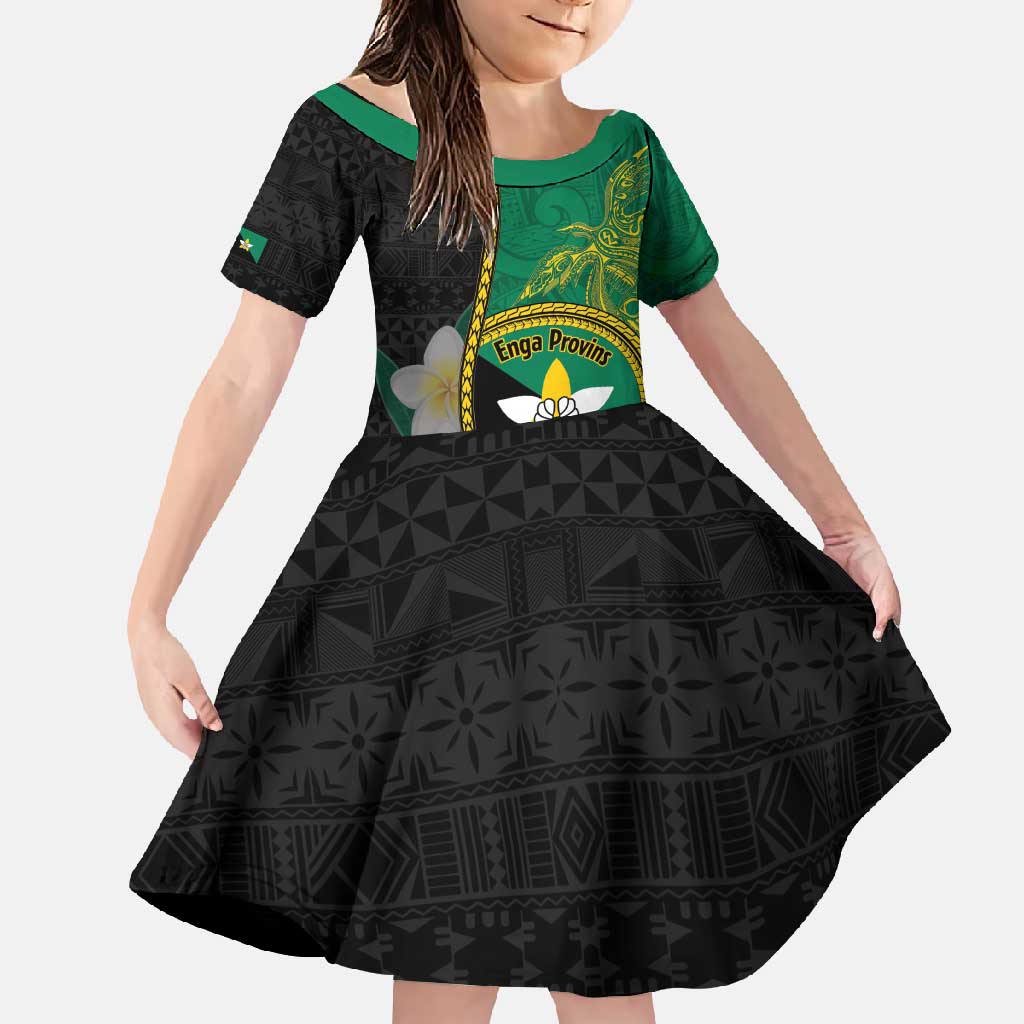 Personalised PNG Enga Provins Family Matching Long Sleeve Bodycon Dress and Hawaiian Shirt Papua New Guinea Plumeria Melanesian Pattern LT14 Daughter's Dress Black - Polynesian Pride