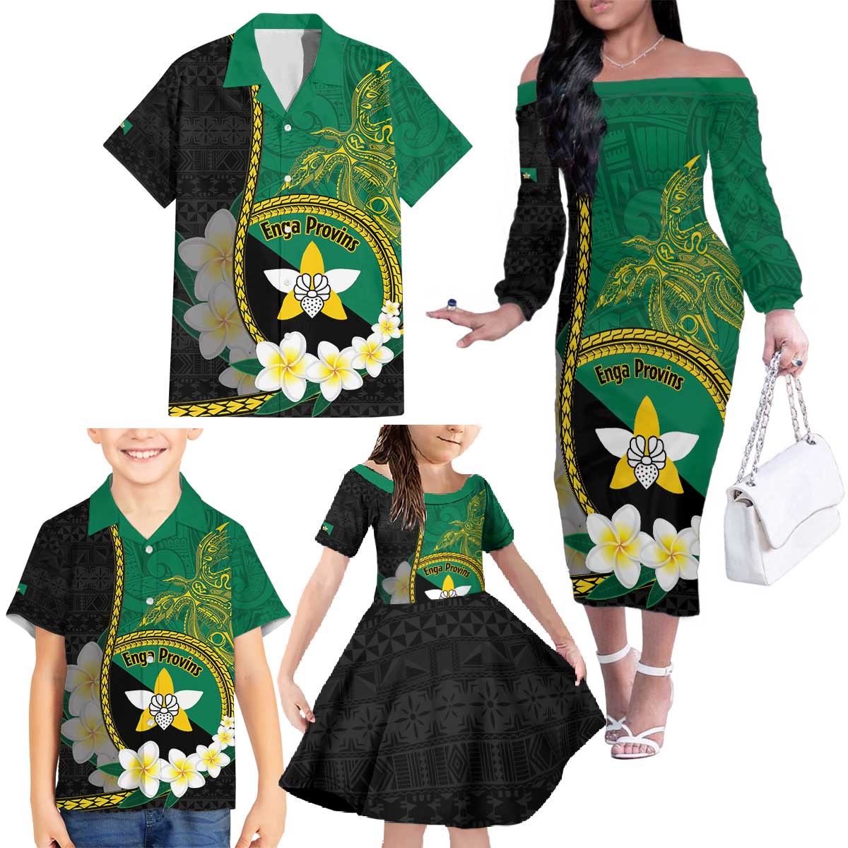 Personalised PNG Enga Provins Family Matching Off The Shoulder Long Sleeve Dress and Hawaiian Shirt Papua New Guinea Plumeria Melanesian Pattern LT14 - Polynesian Pride