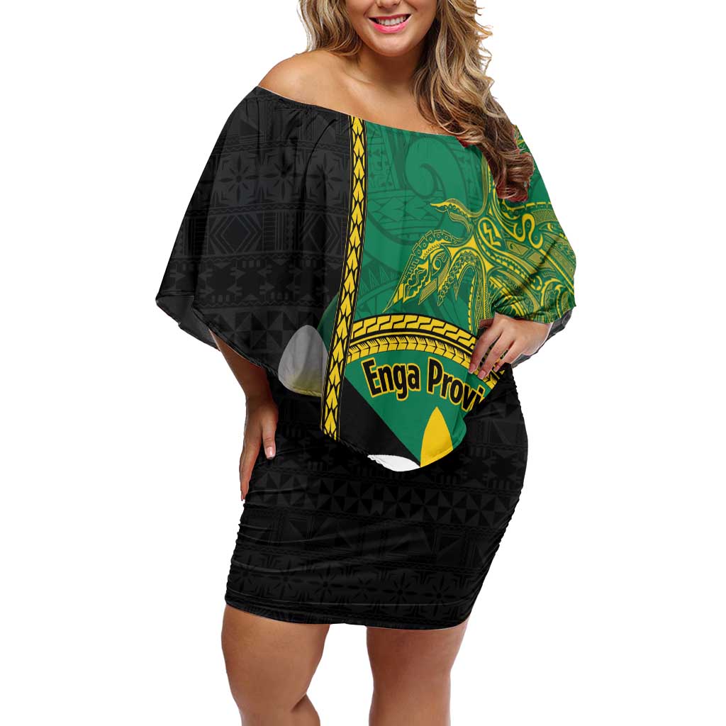 Personalised PNG Enga Provins Family Matching Off Shoulder Short Dress and Hawaiian Shirt Papua New Guinea Plumeria Melanesian Pattern LT14 Mom's Dress Black - Polynesian Pride