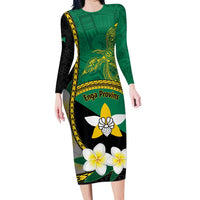 Personalised PNG Enga Provins Long Sleeve Bodycon Dress Papua New Guinea Plumeria Melanesian Pattern LT14 Long Dress Black - Polynesian Pride