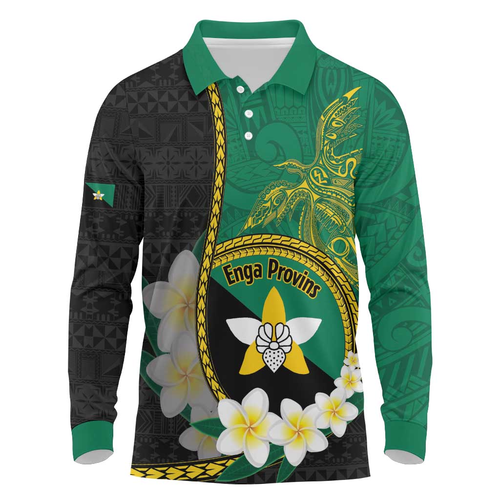 Personalised PNG Enga Provins Long Sleeve Polo Shirt Papua New Guinea Plumeria Melanesian Pattern LT14 Black - Polynesian Pride