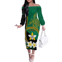 Personalised PNG Enga Provins Off The Shoulder Long Sleeve Dress Papua New Guinea Plumeria Melanesian Pattern LT14 Women Black - Polynesian Pride