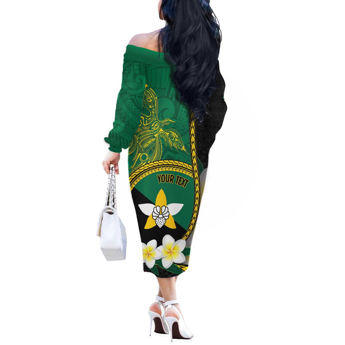 Personalised PNG Enga Provins Off The Shoulder Long Sleeve Dress Papua New Guinea Plumeria Melanesian Pattern LT14 - Polynesian Pride