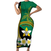 Personalised PNG Enga Provins Short Sleeve Bodycon Dress Papua New Guinea Plumeria Melanesian Pattern LT14 Long Dress Black - Polynesian Pride