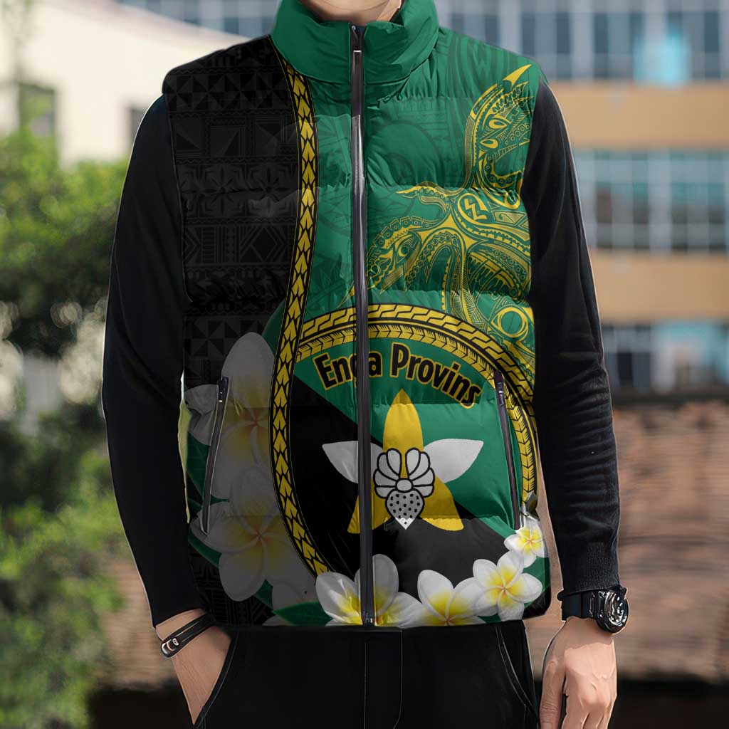 Personalised PNG Enga Provins Sleeveless Puffer Jacket Papua New Guinea Plumeria Melanesian Pattern - Polynesian Pride