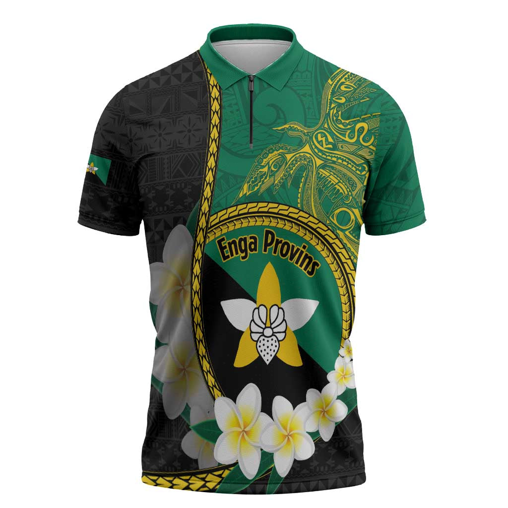 Personalised PNG Enga Provins Zipper Polo Shirt Papua New Guinea Plumeria Melanesian Pattern LT14 Black - Polynesian Pride
