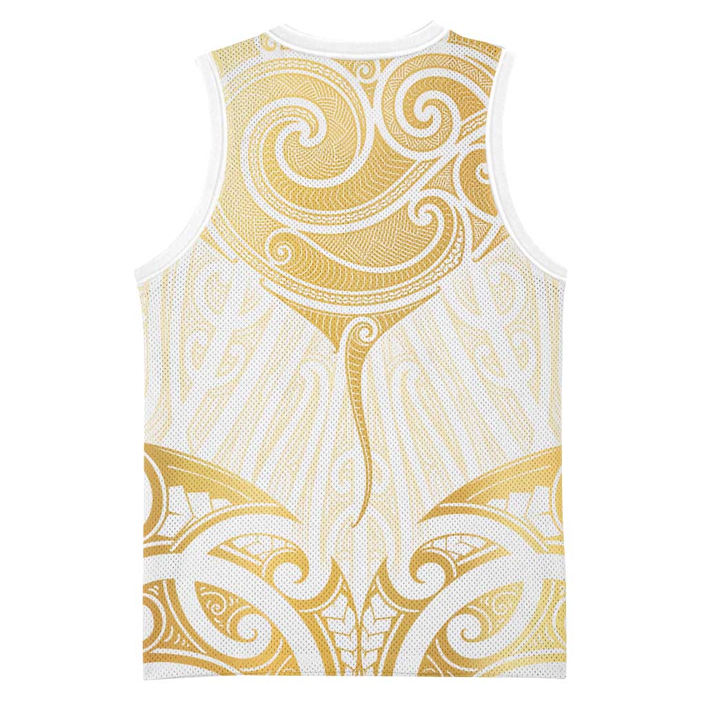 Gold White New Zealand Manta Ray Basketball Jersey Aotearoa Maori Haehae LT14 - Polynesian Pride