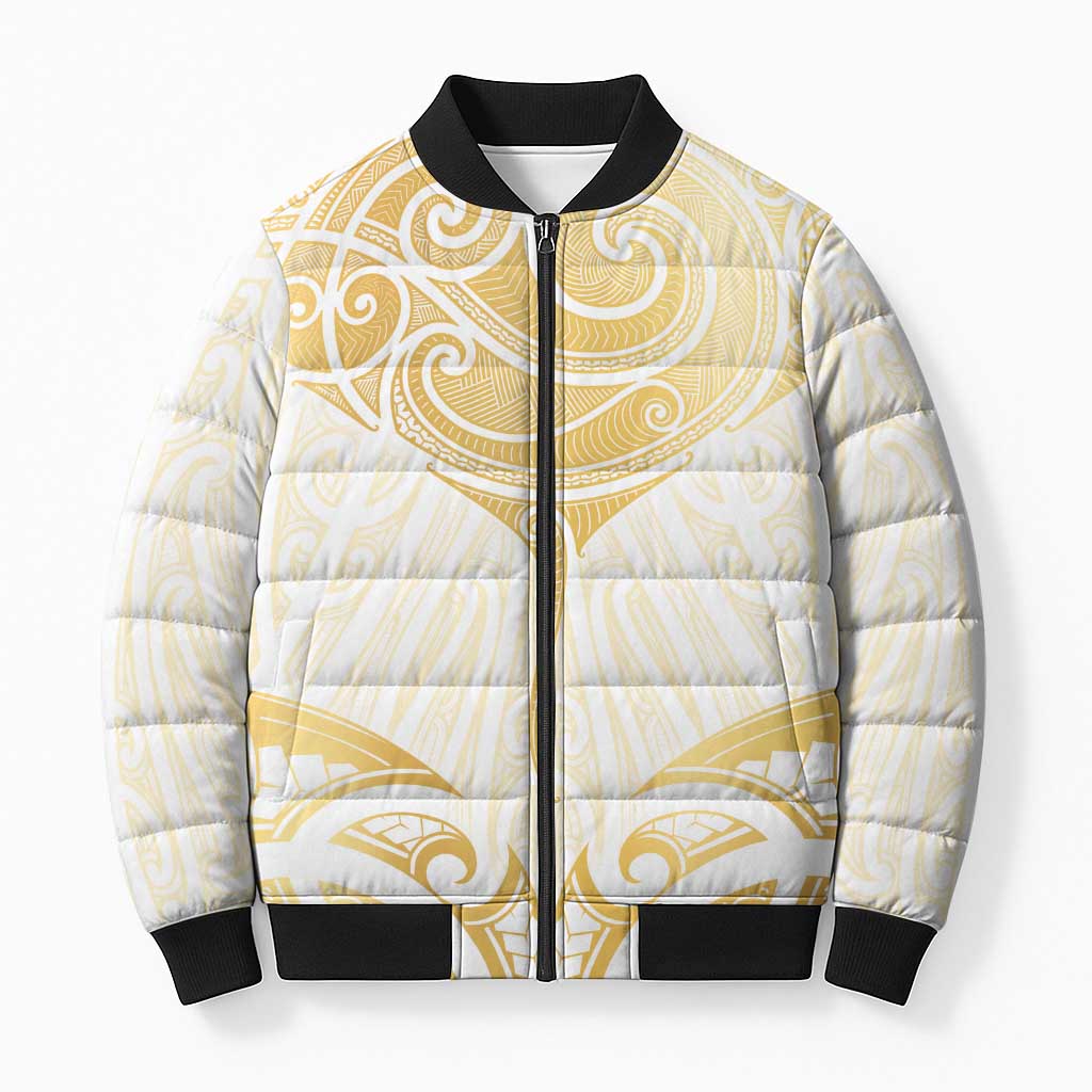 Gold White New Zealand Manta Ray Bomber Puffer Jacket Aotearoa Maori Haehae LT14 Unisex White - Polynesian Pride