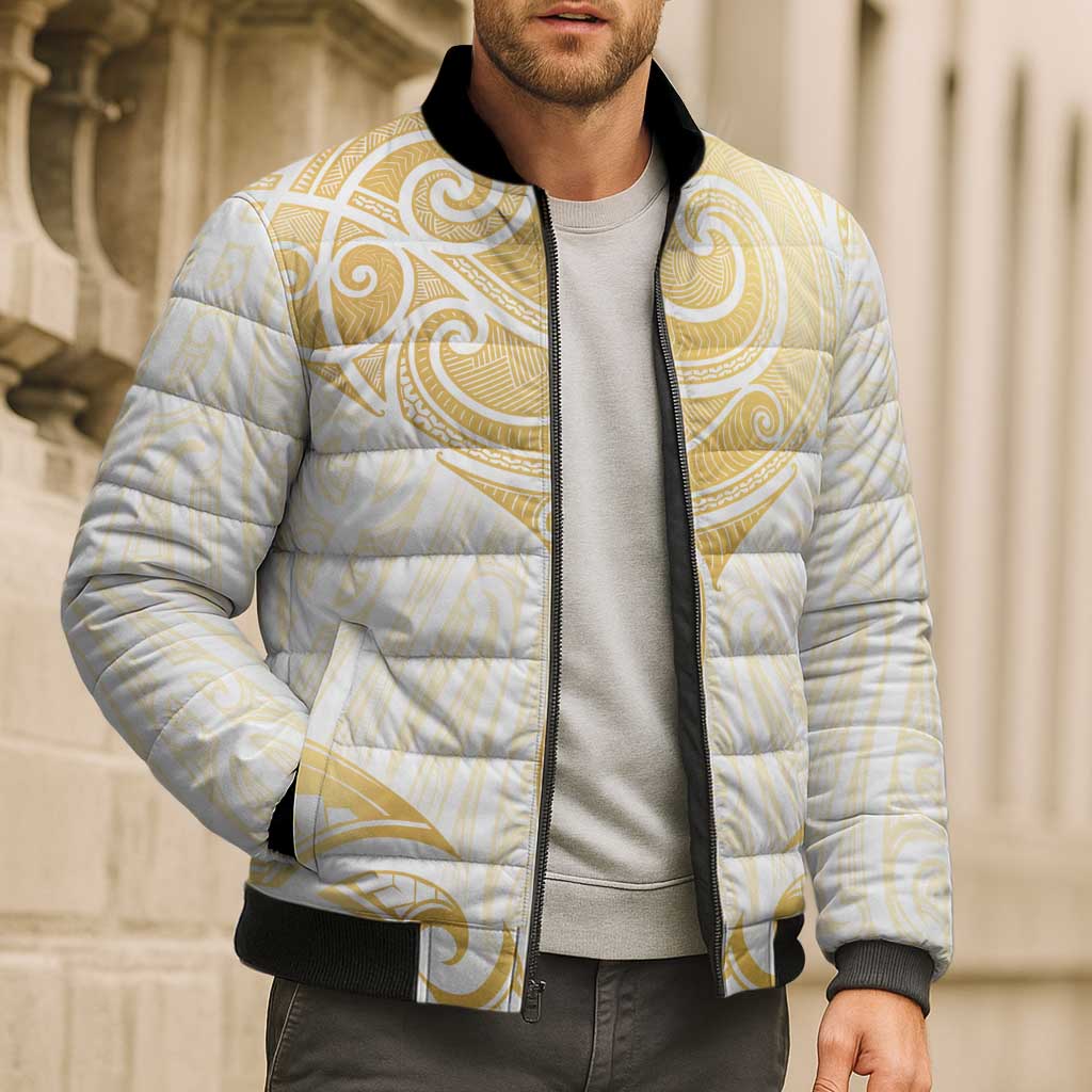 Gold White New Zealand Manta Ray Bomber Puffer Jacket Aotearoa Maori Haehae LT14 - Polynesian Pride