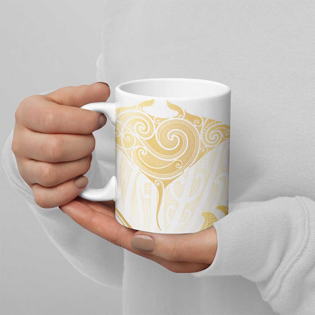 Gold White New Zealand Manta Ray Ceramic Mug Aotearoa Maori Haehae - Polynesian Pride