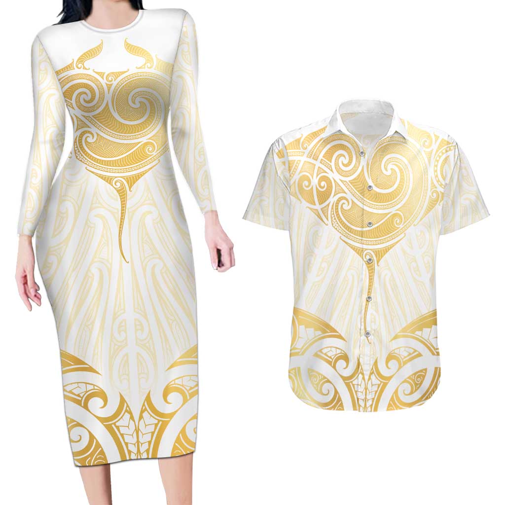 Gold White New Zealand Manta Ray Couples Matching Long Sleeve Bodycon Dress and Hawaiian Shirt Aotearoa Maori Haehae LT14 White - Polynesian Pride