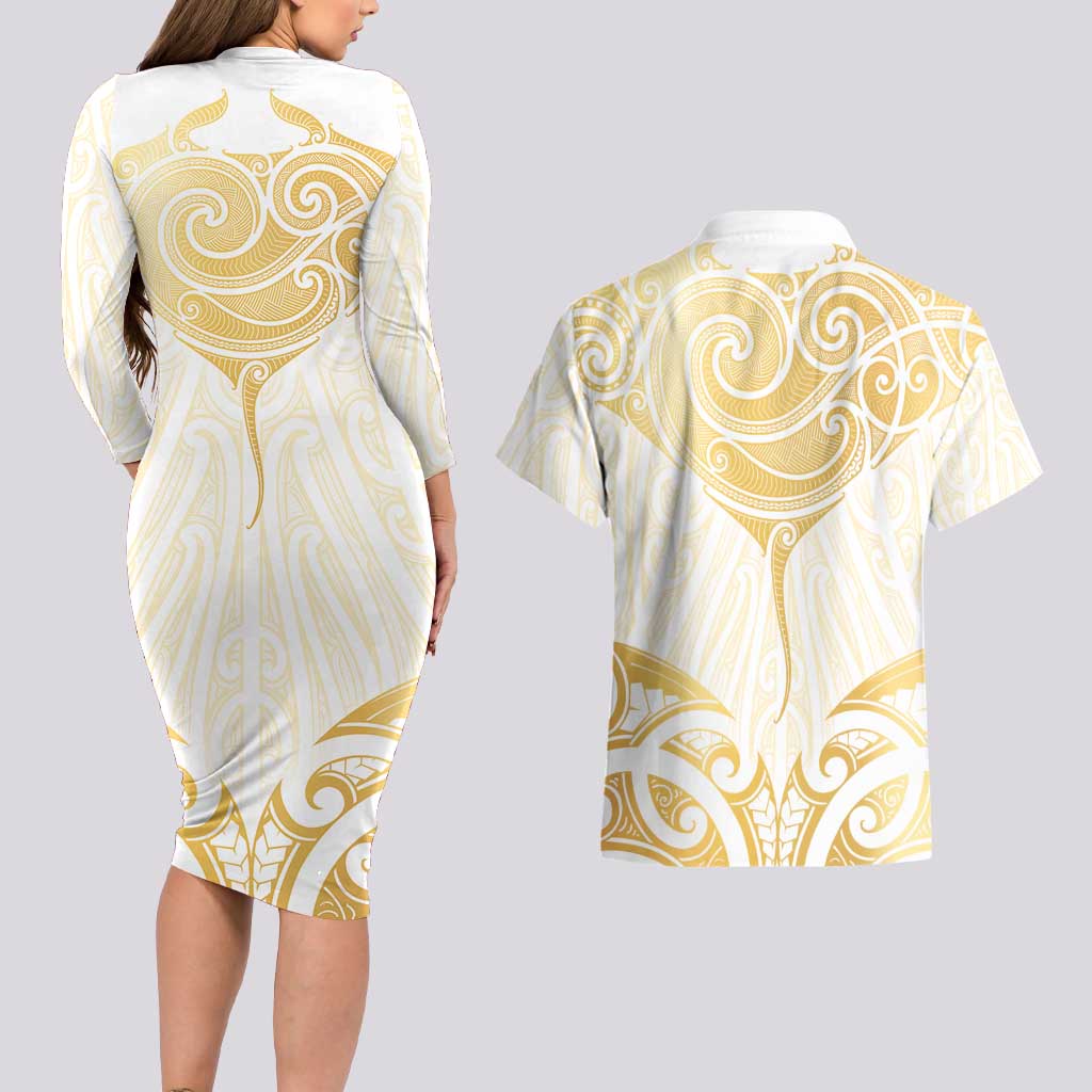 Gold White New Zealand Manta Ray Couples Matching Long Sleeve Bodycon Dress and Hawaiian Shirt Aotearoa Maori Haehae LT14 - Polynesian Pride