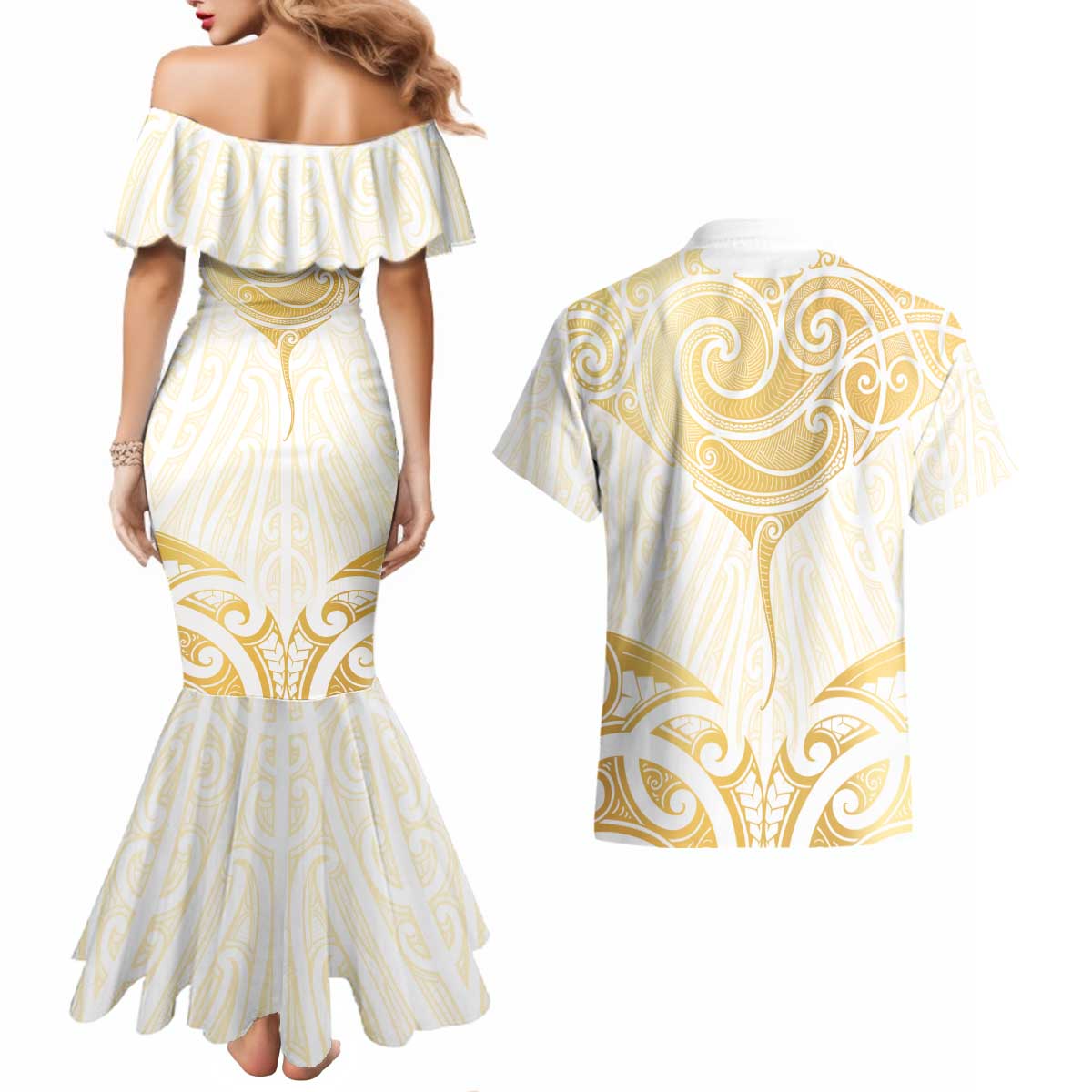 Gold White New Zealand Manta Ray Couples Matching Mermaid Dress and Hawaiian Shirt Aotearoa Maori Haehae LT14 - Polynesian Pride