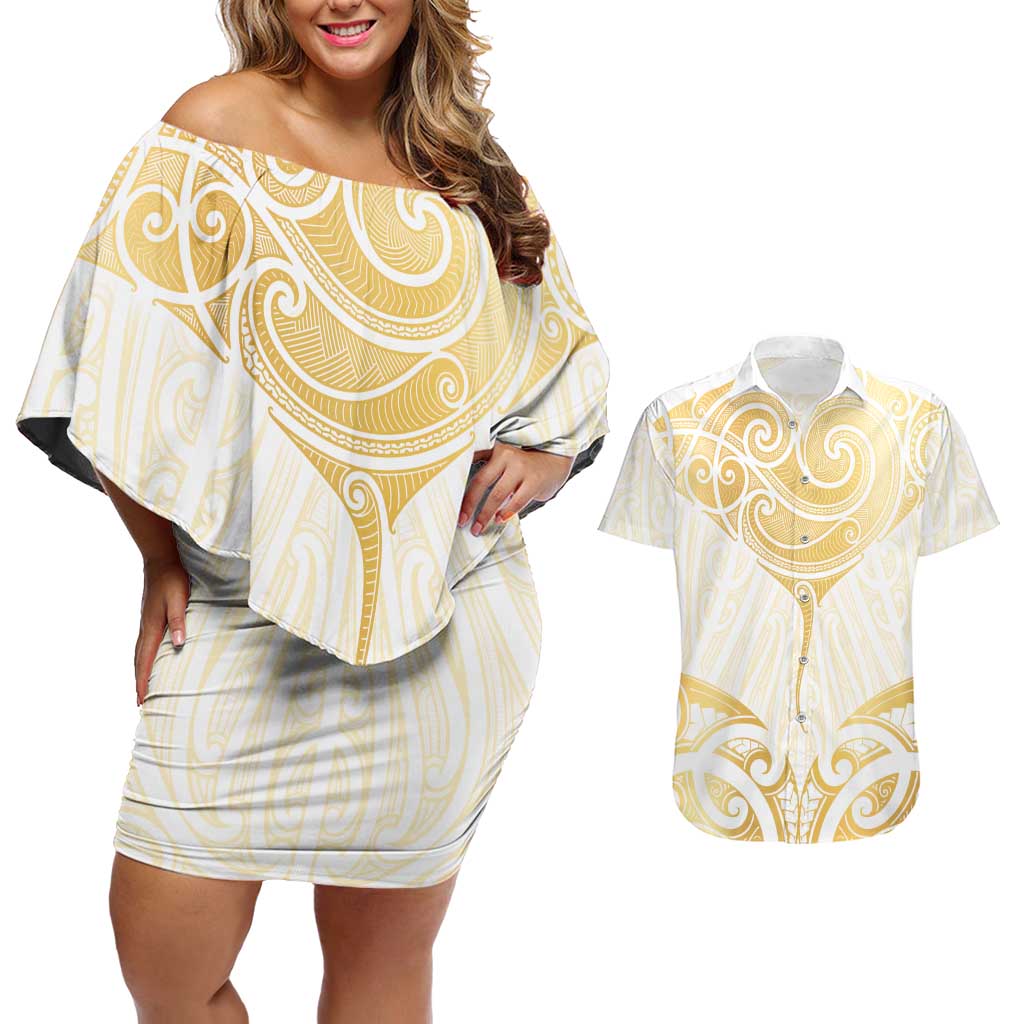 Gold White New Zealand Manta Ray Couples Matching Off Shoulder Short Dress and Hawaiian Shirt Aotearoa Maori Haehae LT14 White - Polynesian Pride