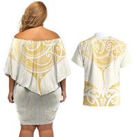 Gold White New Zealand Manta Ray Couples Matching Off Shoulder Short Dress and Hawaiian Shirt Aotearoa Maori Haehae LT14 - Polynesian Pride