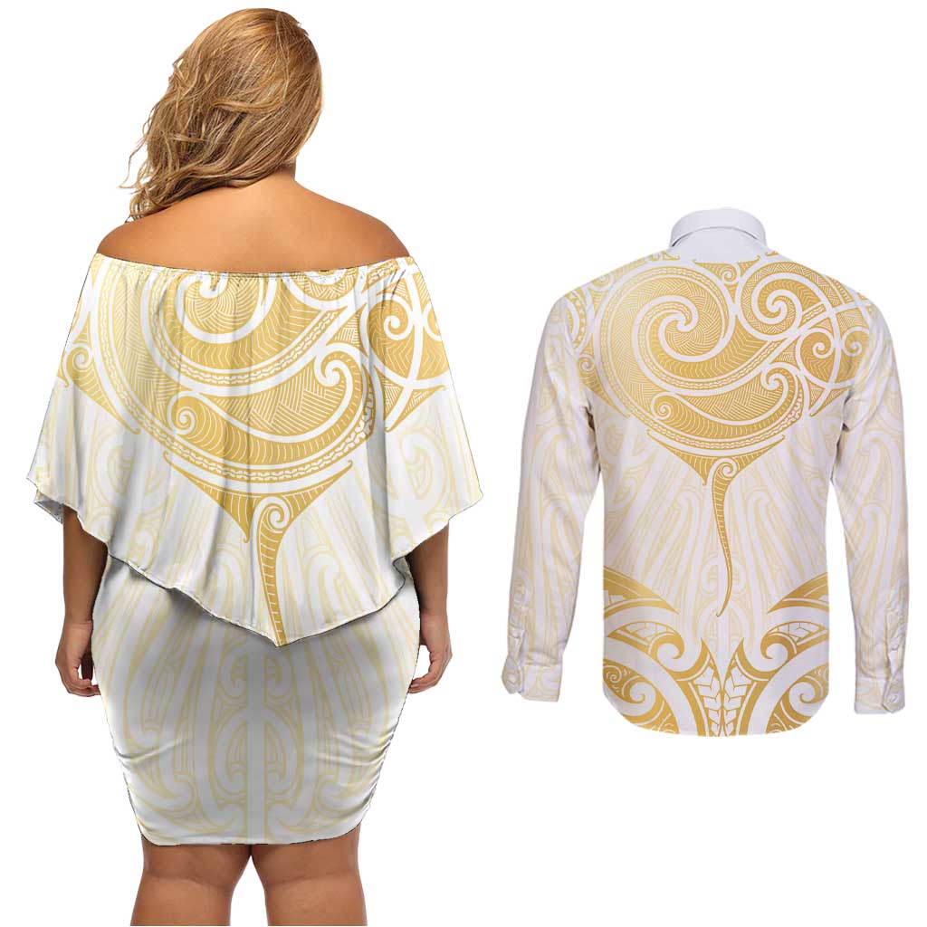 Gold White New Zealand Manta Ray Couples Matching Off Shoulder Short Dress and Long Sleeve Button Shirt Aotearoa Maori Haehae LT14 - Polynesian Pride