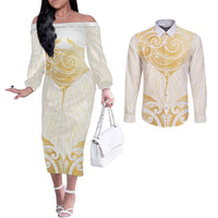 Gold White New Zealand Manta Ray Couples Matching Off The Shoulder Long Sleeve Dress and Long Sleeve Button Shirt Aotearoa Maori Haehae LT14 White - Polynesian Pride