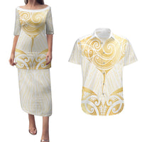 Gold White New Zealand Manta Ray Couples Matching Puletasi and Hawaiian Shirt Aotearoa Maori Haehae LT14 White - Polynesian Pride