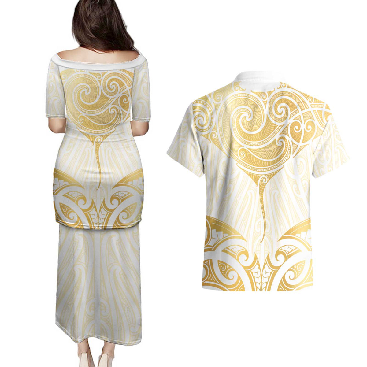 Gold White New Zealand Manta Ray Couples Matching Puletasi and Hawaiian Shirt Aotearoa Maori Haehae LT14 - Polynesian Pride
