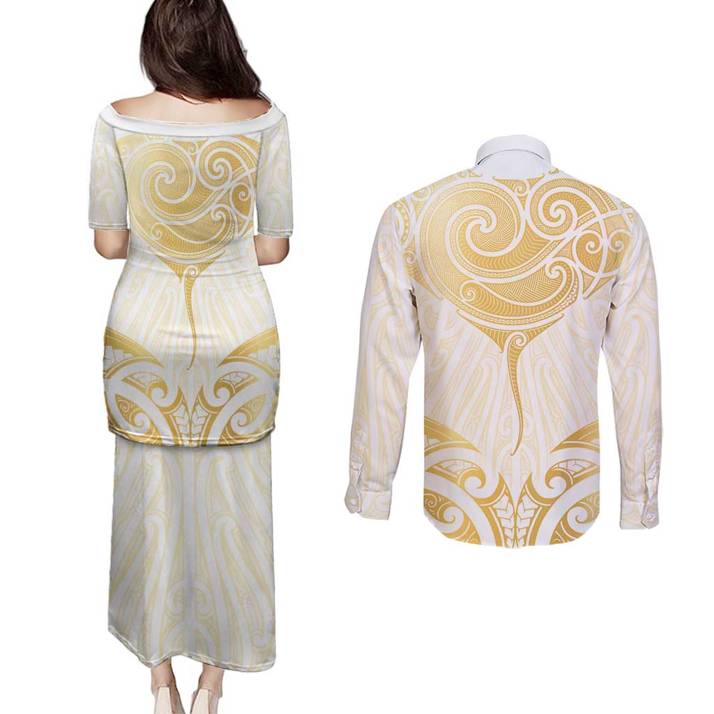 Gold White New Zealand Manta Ray Couples Matching Puletasi and Long Sleeve Button Shirt Aotearoa Maori Haehae LT14 - Polynesian Pride
