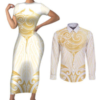 Gold White New Zealand Manta Ray Couples Matching Short Sleeve Bodycon Dress and Long Sleeve Button Shirt Aotearoa Maori Haehae LT14 White - Polynesian Pride