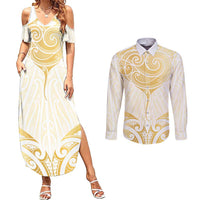 Gold White New Zealand Manta Ray Couples Matching Summer Maxi Dress and Long Sleeve Button Shirt Aotearoa Maori Haehae LT14 White - Polynesian Pride