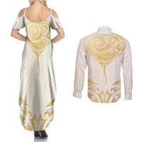 Gold White New Zealand Manta Ray Couples Matching Summer Maxi Dress and Long Sleeve Button Shirt Aotearoa Maori Haehae LT14 - Polynesian Pride