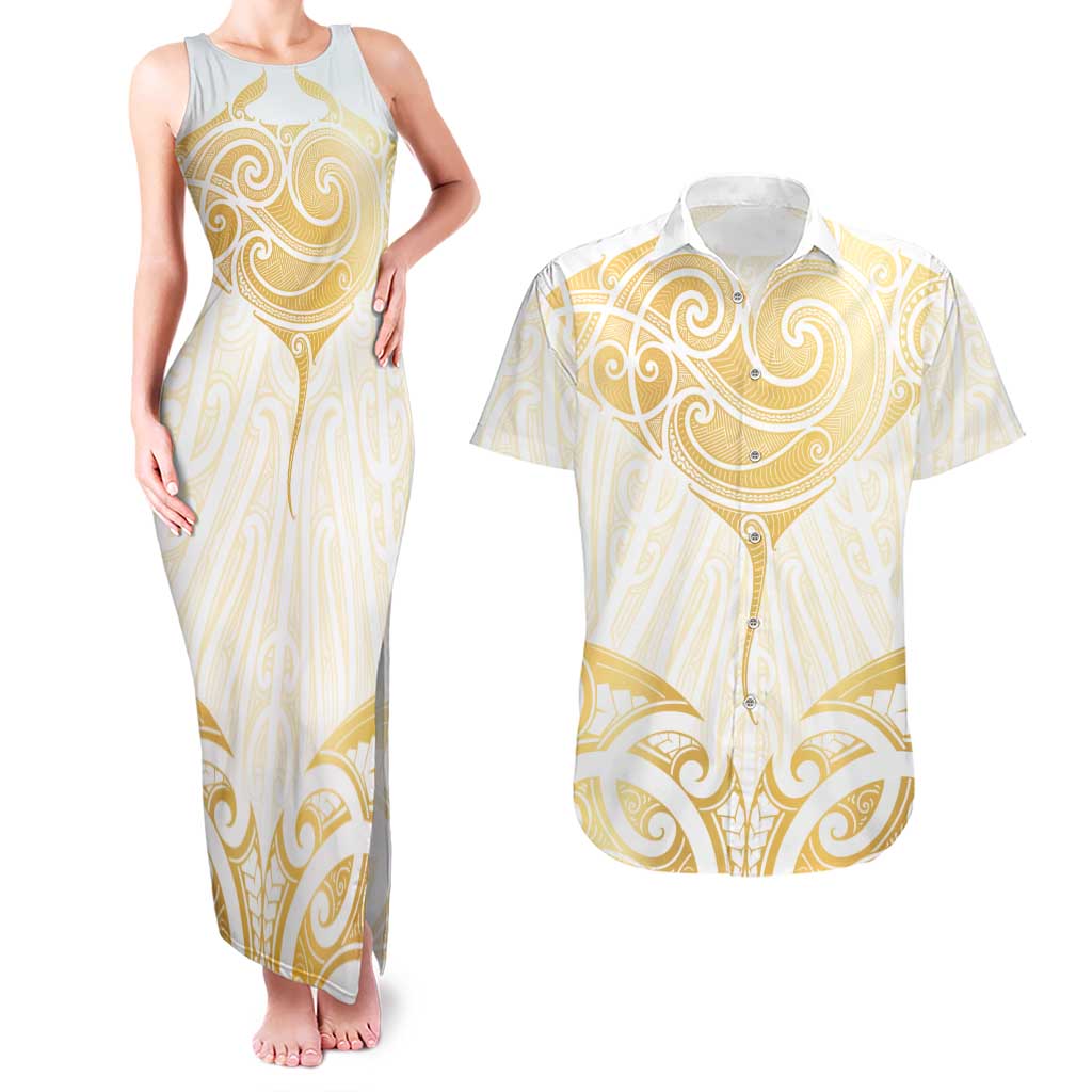 Gold White New Zealand Manta Ray Couples Matching Tank Maxi Dress and Hawaiian Shirt Aotearoa Maori Haehae LT14 White - Polynesian Pride