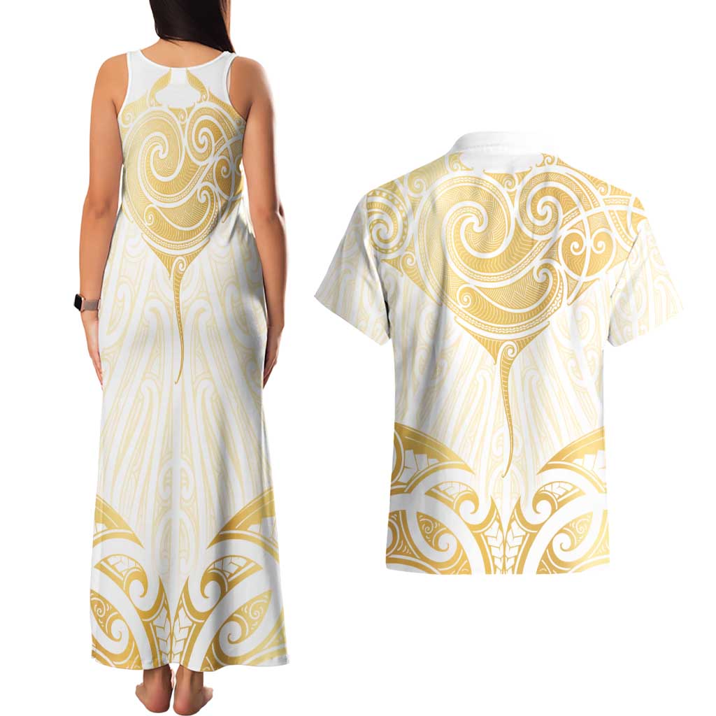 Gold White New Zealand Manta Ray Couples Matching Tank Maxi Dress and Hawaiian Shirt Aotearoa Maori Haehae LT14 - Polynesian Pride