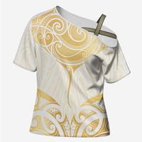 Gold White New Zealand Manta Ray Cross Shoulder Shirt Aotearoa Maori Haehae LT14 Female White - Polynesian Pride