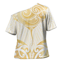 Gold White New Zealand Manta Ray Cross Shoulder Shirt Aotearoa Maori Haehae LT14 - Polynesian Pride