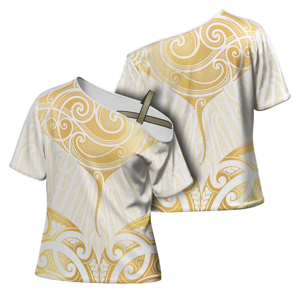 Gold White New Zealand Manta Ray Cross Shoulder Shirt Aotearoa Maori Haehae LT14 - Polynesian Pride