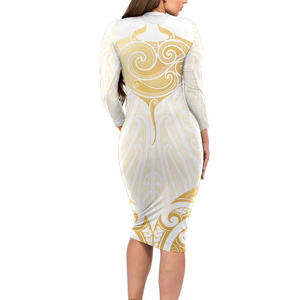 Gold White New Zealand Manta Ray Family Matching Long Sleeve Bodycon Dress and Hawaiian Shirt Aotearoa Maori Haehae LT14 - Polynesian Pride