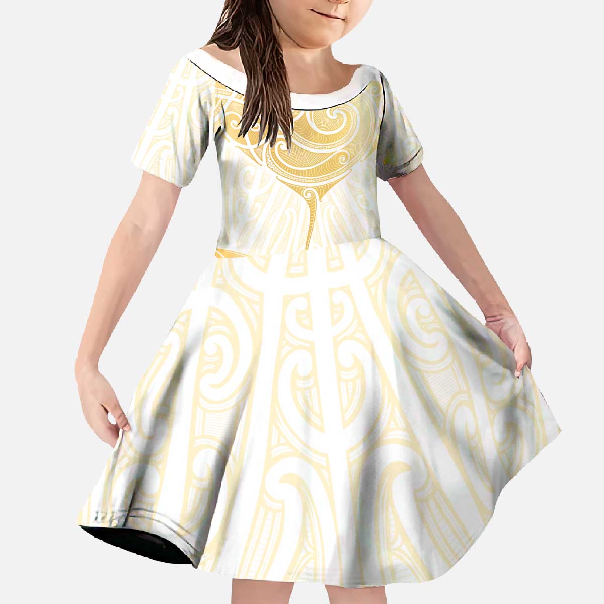 Gold White New Zealand Manta Ray Family Matching Off The Shoulder Long Sleeve Dress and Hawaiian Shirt Aotearoa Maori Haehae LT14 Daughter's Dress White - Polynesian Pride
