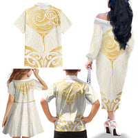 Gold White New Zealand Manta Ray Family Matching Off The Shoulder Long Sleeve Dress and Hawaiian Shirt Aotearoa Maori Haehae LT14 - Polynesian Pride