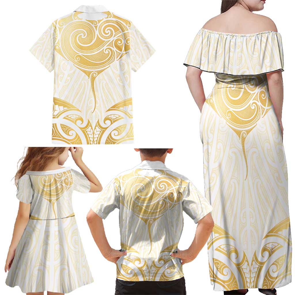 Gold White New Zealand Manta Ray Family Matching Off Shoulder Maxi Dress and Hawaiian Shirt Aotearoa Maori Haehae LT14 - Polynesian Pride