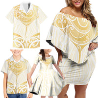 Gold White New Zealand Manta Ray Family Matching Off Shoulder Short Dress and Hawaiian Shirt Aotearoa Maori Haehae LT14 - Polynesian Pride