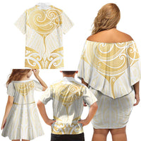 Gold White New Zealand Manta Ray Family Matching Off Shoulder Short Dress and Hawaiian Shirt Aotearoa Maori Haehae LT14 - Polynesian Pride