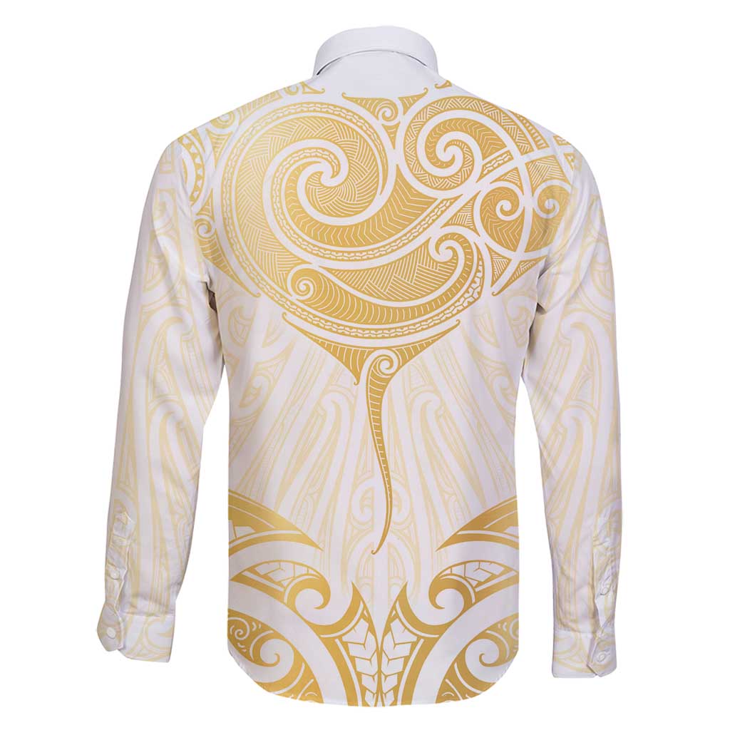 Gold White New Zealand Manta Ray Family Matching Off Shoulder Short Dress and Hawaiian Shirt Aotearoa Maori Haehae LT14 - Polynesian Pride