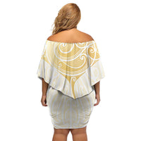 Gold White New Zealand Manta Ray Family Matching Off Shoulder Short Dress and Hawaiian Shirt Aotearoa Maori Haehae LT14 - Polynesian Pride